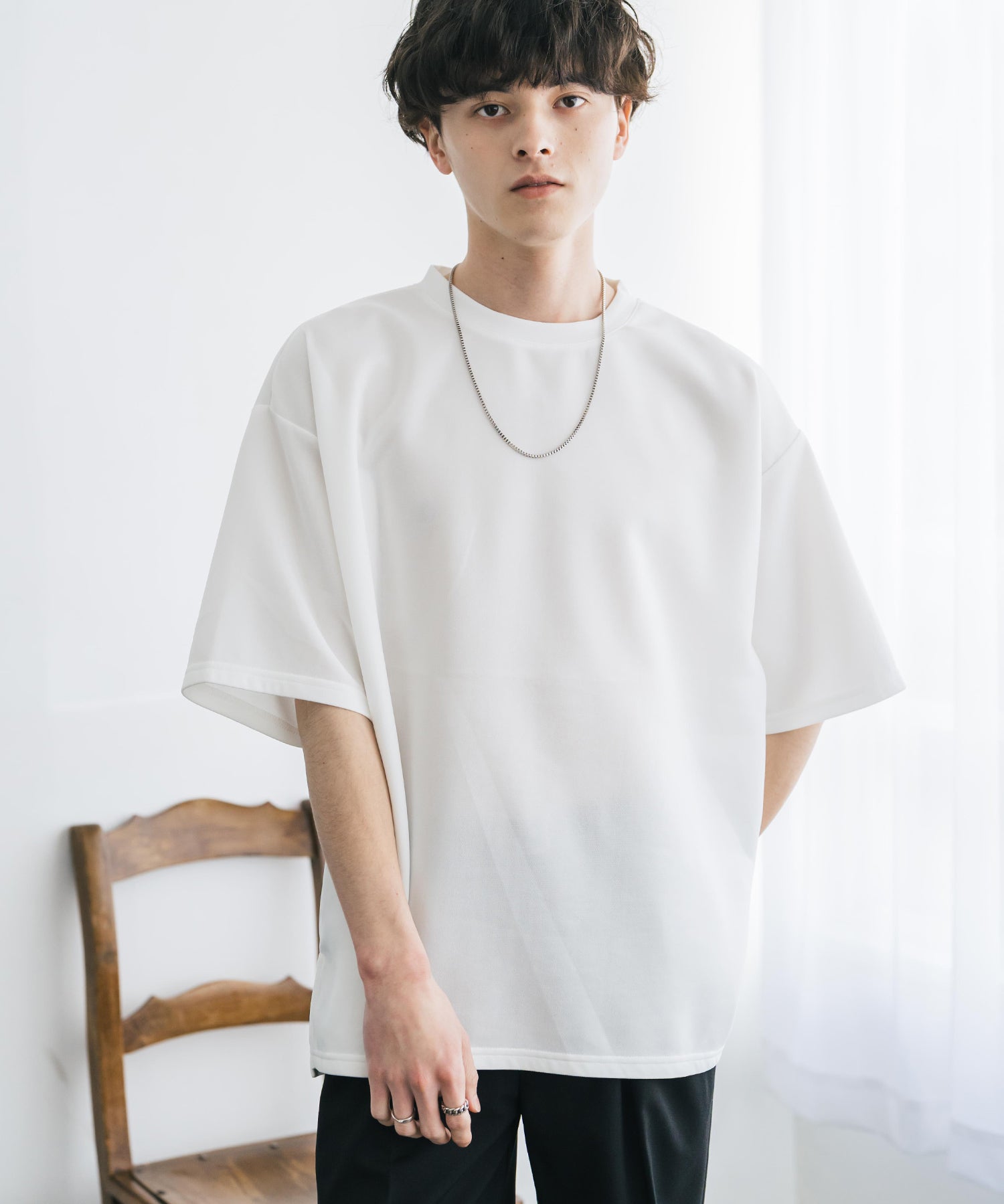 接触冷感 オーバーサイズサイドスリットダンボール半袖クルーネックTシャツ