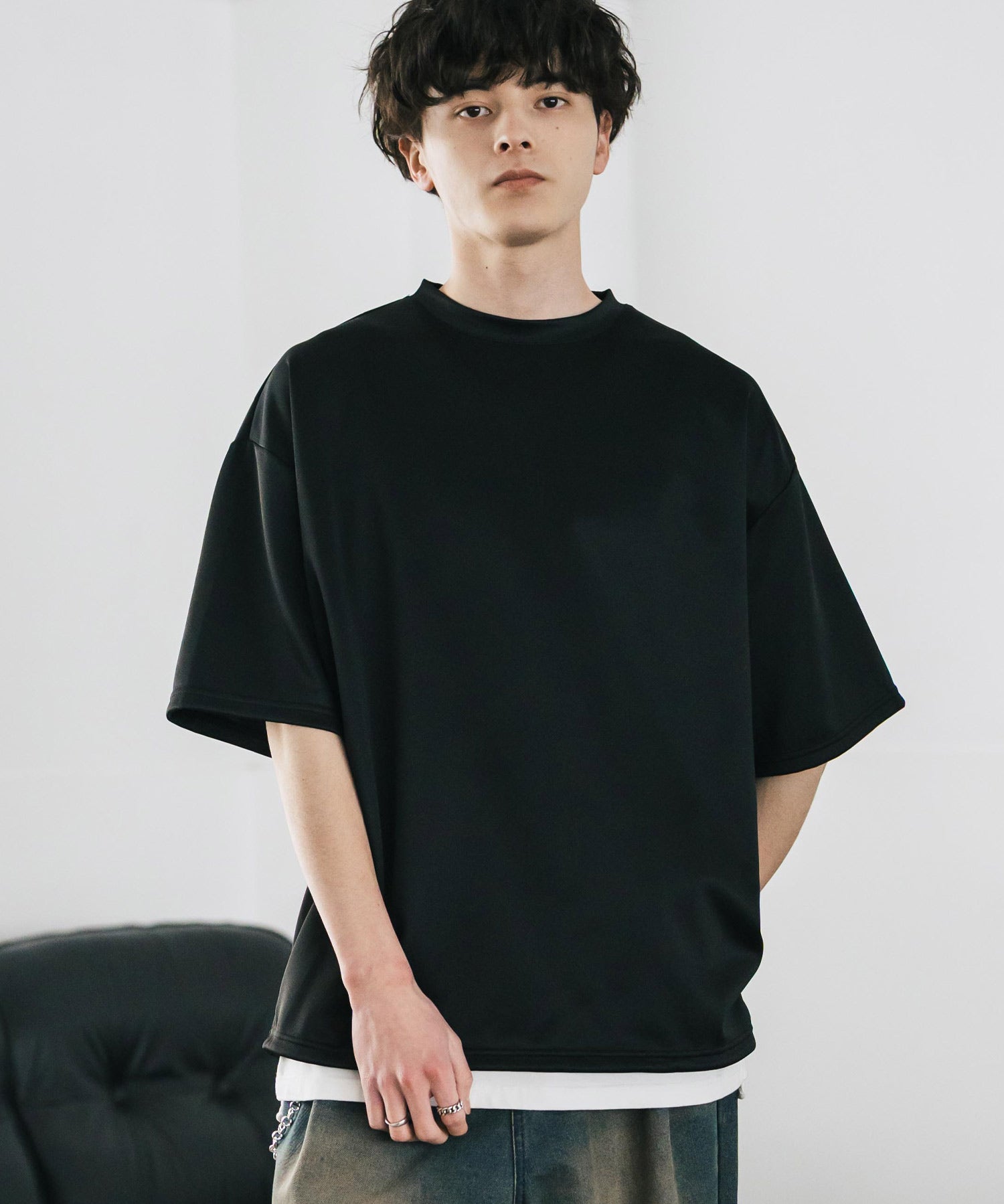 接触冷感 オーバーサイズダンボール裾ドローコード半袖クルーネックTシャツ