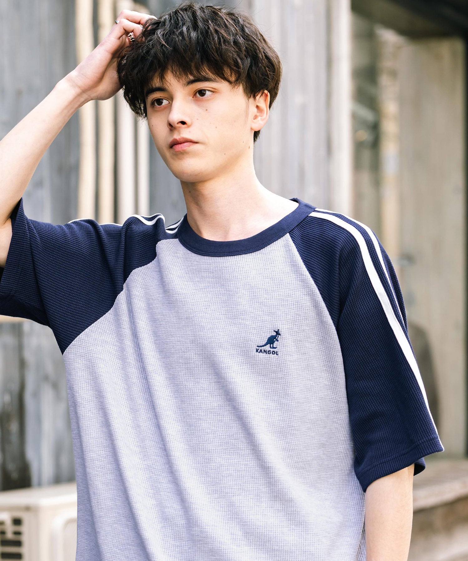 KANGOL カンゴール 別注コラボ オーバーサイズ袖ラインワッフルワンポイントロゴ刺繍ラグラン半袖Tシャツ