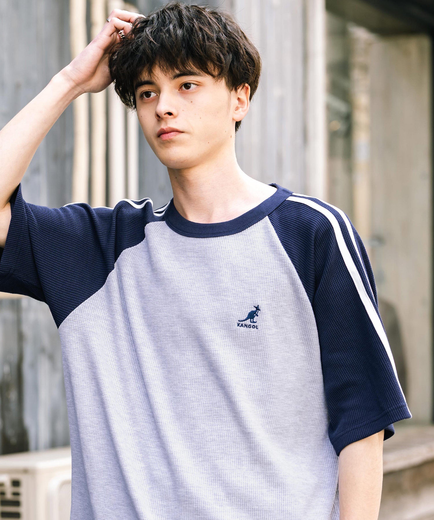 KANGOL カンゴール 別注コラボ オーバーサイズ袖ラインワッフルワンポイントロゴ刺繍ラグラン半袖Tシャツ