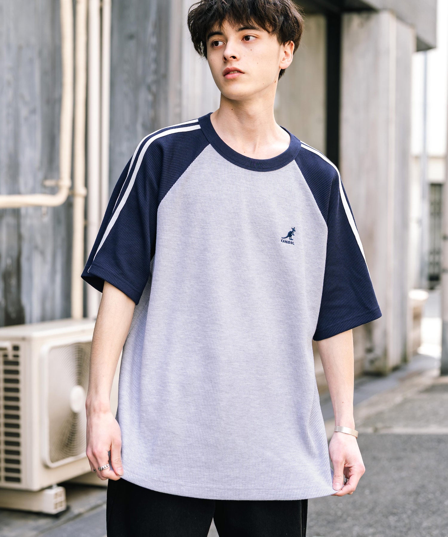 KANGOL カンゴール 別注コラボ オーバーサイズ袖ラインワッフルワンポイントロゴ刺繍ラグラン半袖Tシャツ