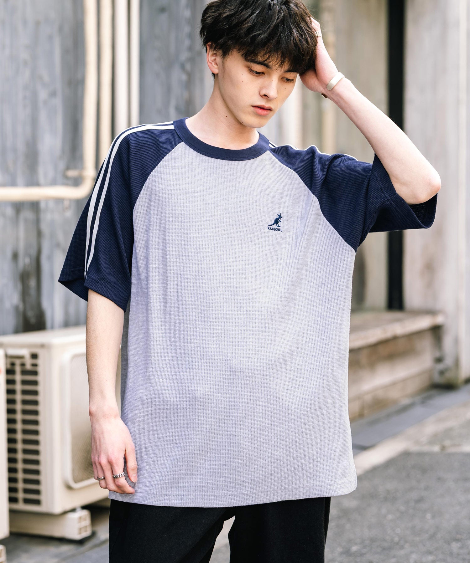 KANGOL カンゴール 別注コラボ オーバーサイズ袖ラインワッフルワンポイントロゴ刺繍ラグラン半袖Tシャツ