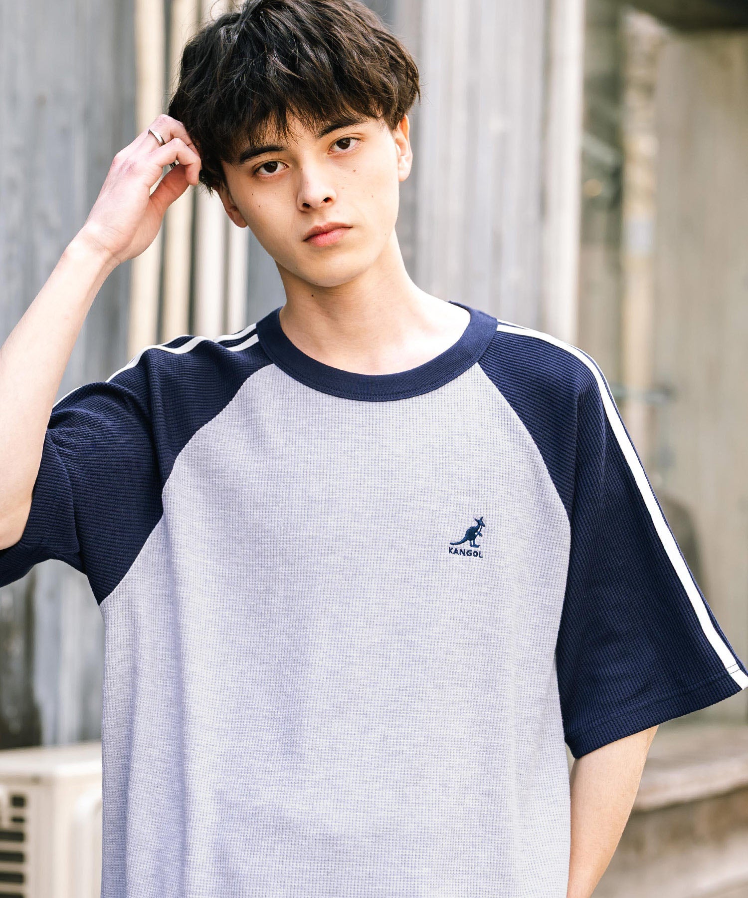 KANGOL カンゴール 別注コラボ オーバーサイズ袖ラインワッフルワンポイントロゴ刺繍ラグラン半袖Tシャツ