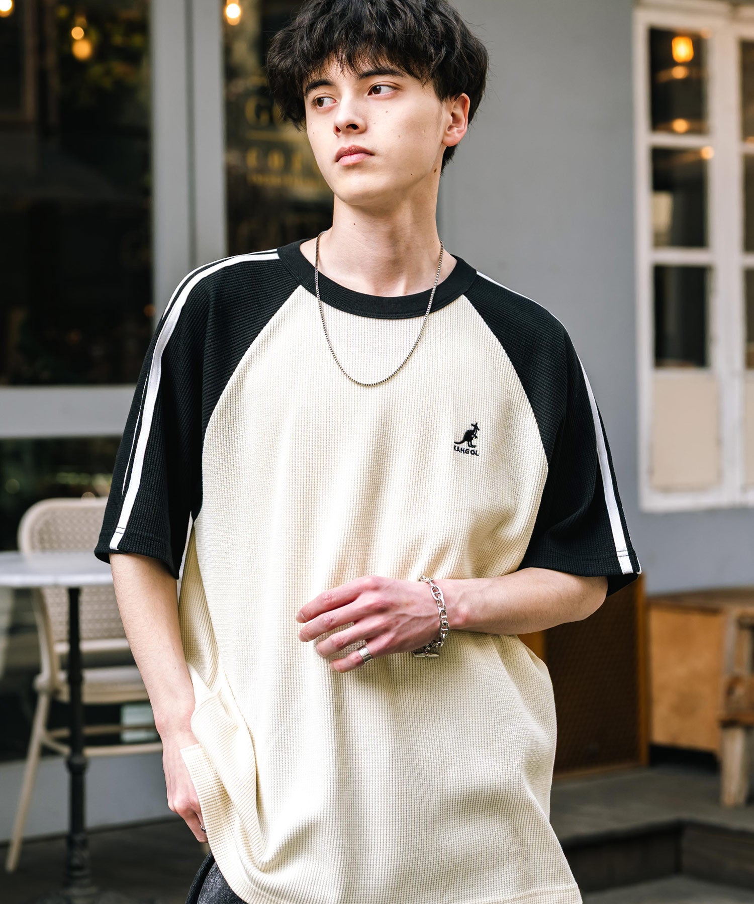 KANGOL カンゴール 別注コラボ オーバーサイズ袖ラインワッフルワンポイントロゴ刺繍ラグラン半袖Tシャツ