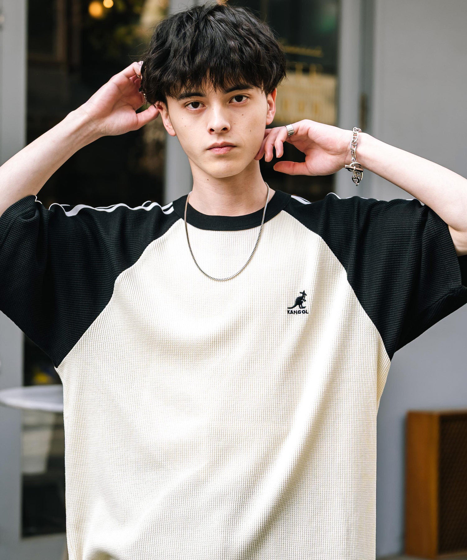 KANGOL カンゴール 別注コラボ オーバーサイズ袖ラインワッフルワンポイントロゴ刺繍ラグラン半袖Tシャツ