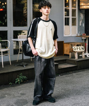 KANGOL カンゴール 別注コラボ オーバーサイズ袖ラインワッフルワンポイントロゴ刺繍ラグラン半袖Tシャツ