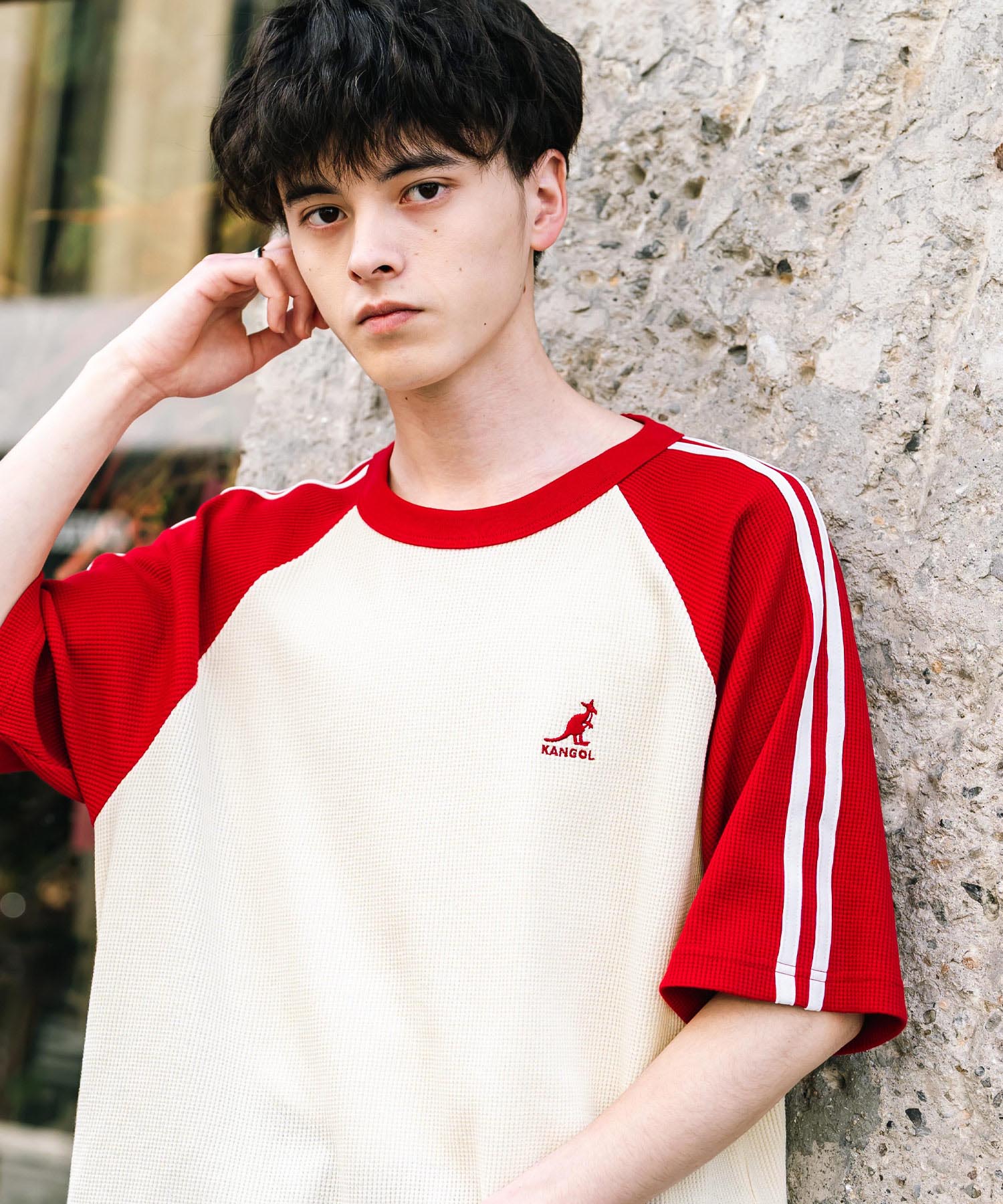 KANGOL カンゴール 別注コラボ オーバーサイズ袖ラインワッフルワンポイントロゴ刺繍ラグラン半袖Tシャツ