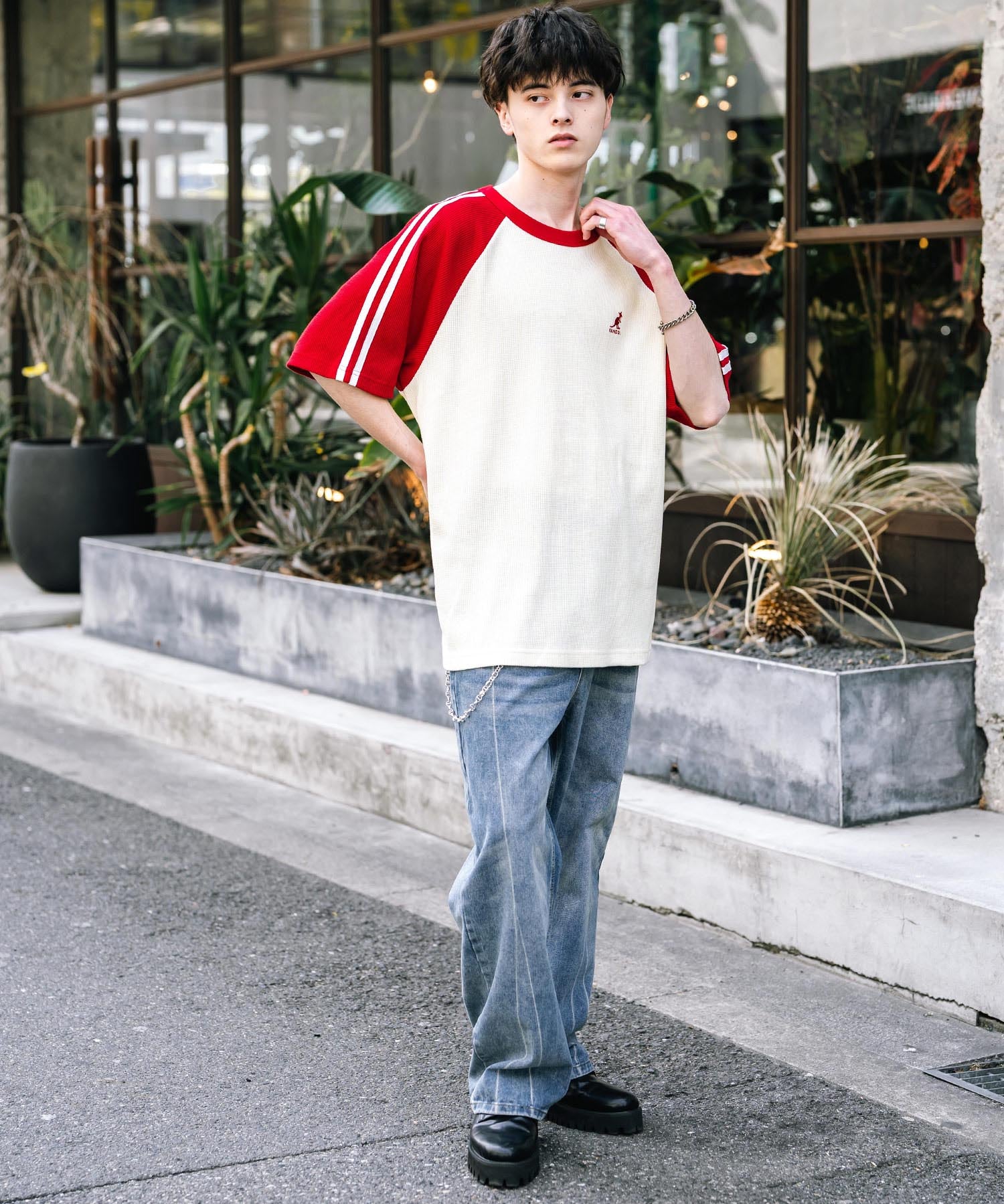 KANGOL カンゴール 別注コラボ オーバーサイズ袖ラインワッフルワンポイントロゴ刺繍ラグラン半袖Tシャツ