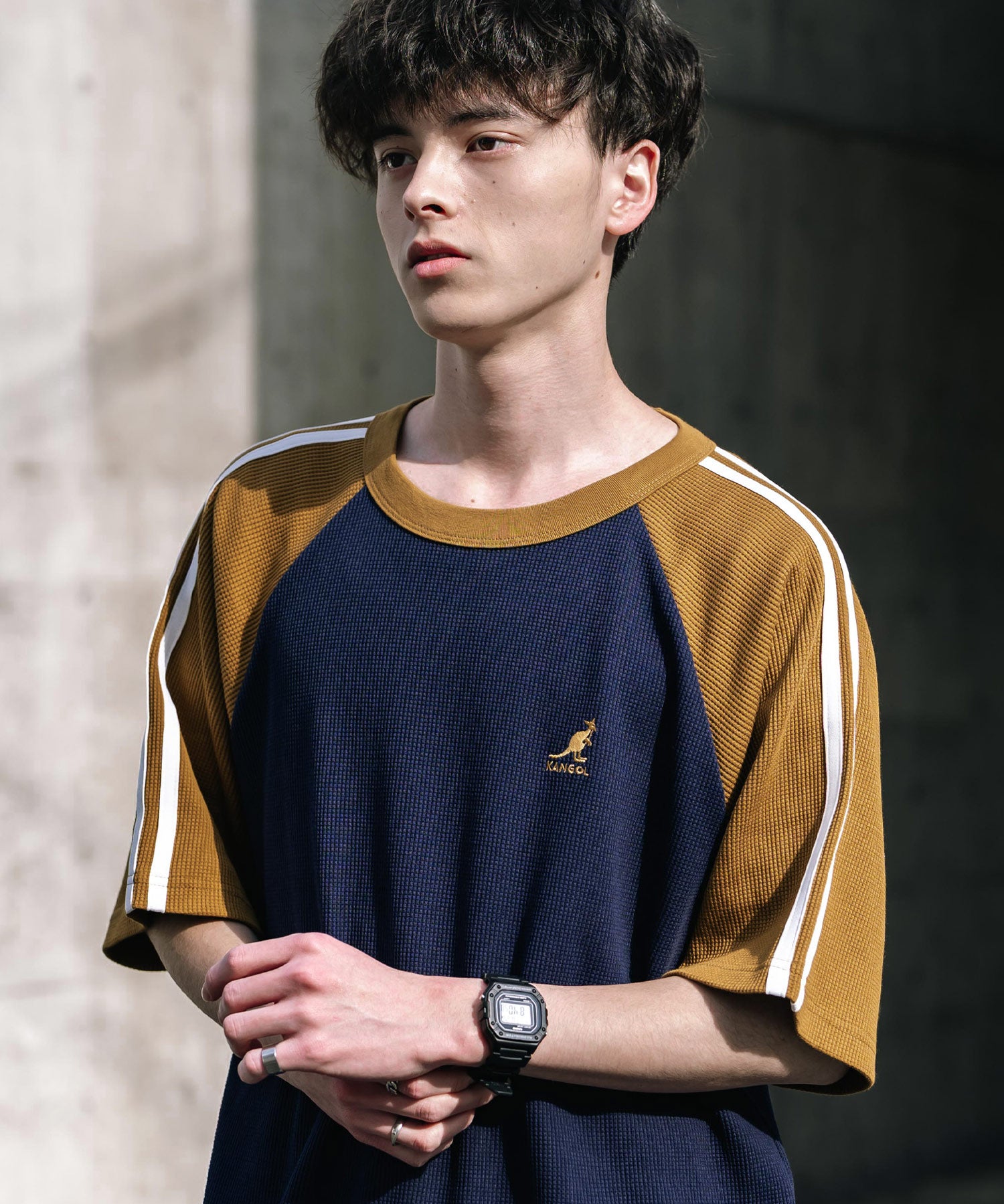 KANGOL カンゴール 別注コラボ オーバーサイズ袖ラインワッフルワンポイントロゴ刺繍ラグラン半袖Tシャツ