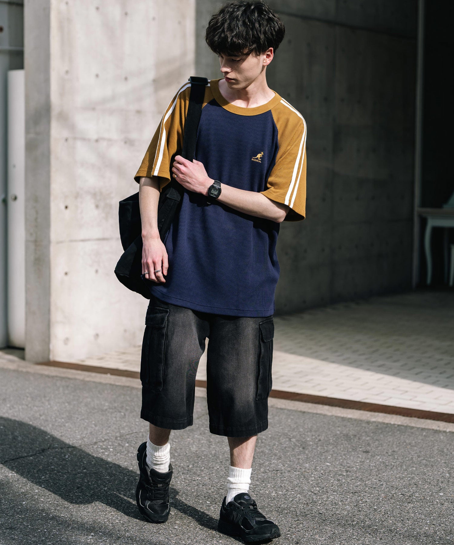KANGOL カンゴール 別注コラボ オーバーサイズ袖ラインワッフルワンポイントロゴ刺繍ラグラン半袖Tシャツ