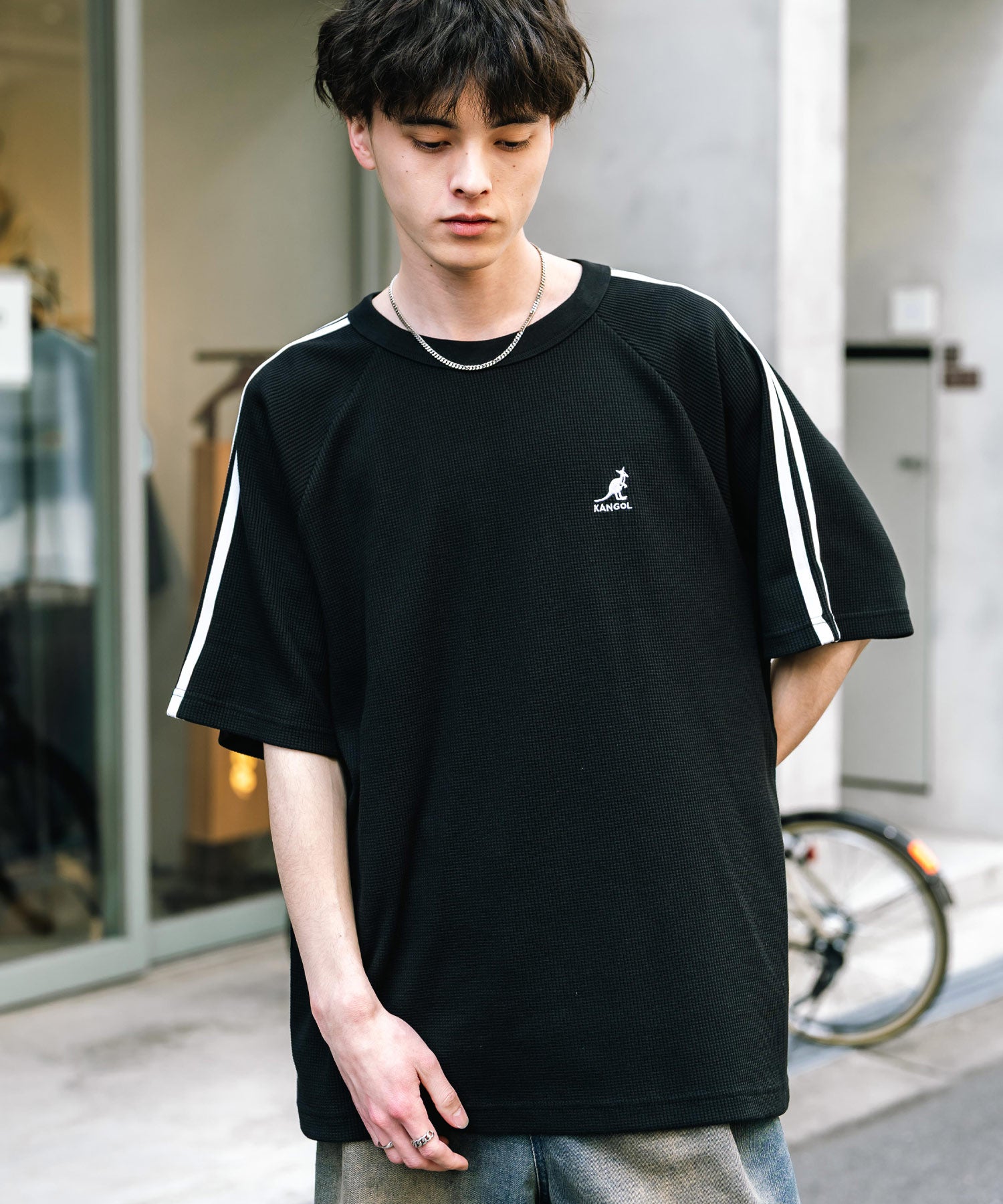 KANGOL カンゴール 別注コラボ オーバーサイズ袖ラインワッフルワンポイントロゴ刺繍ラグラン半袖Tシャツ