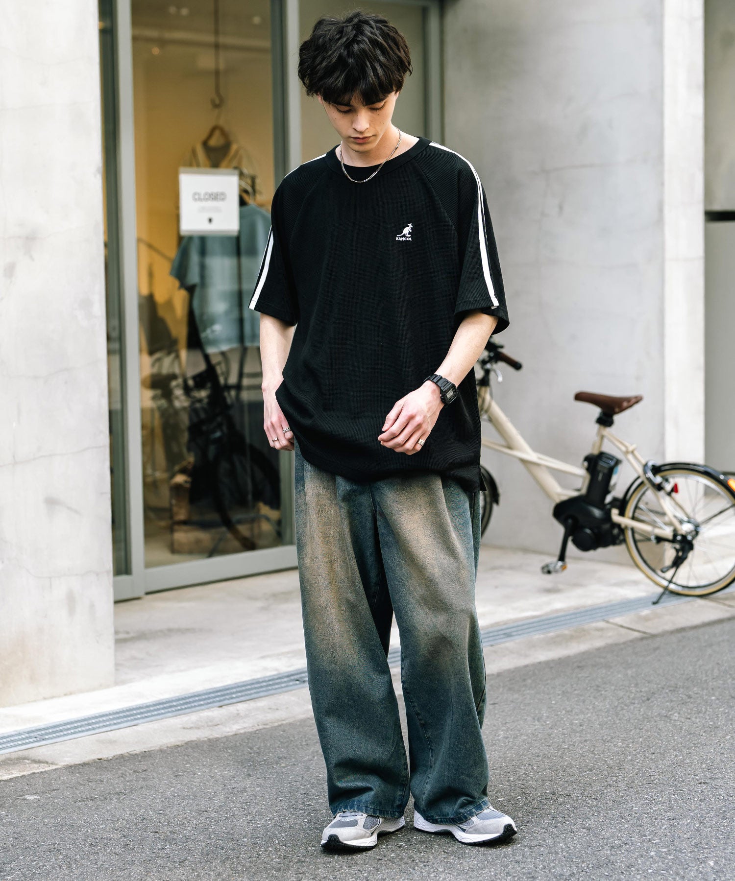 KANGOL カンゴール 別注コラボ オーバーサイズ袖ラインワッフルワンポイントロゴ刺繍ラグラン半袖Tシャツ