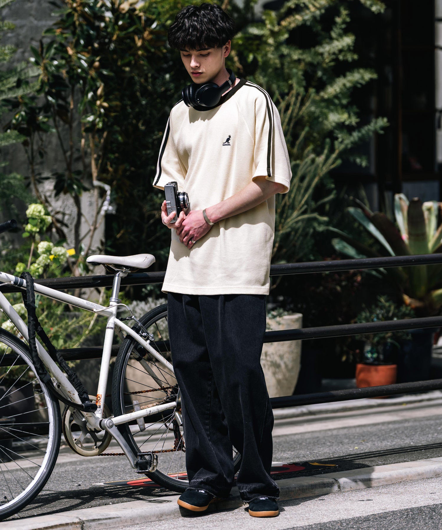 KANGOL カンゴール 別注コラボ オーバーサイズ袖ラインワッフルワンポイントロゴ刺繍ラグラン半袖Tシャツ