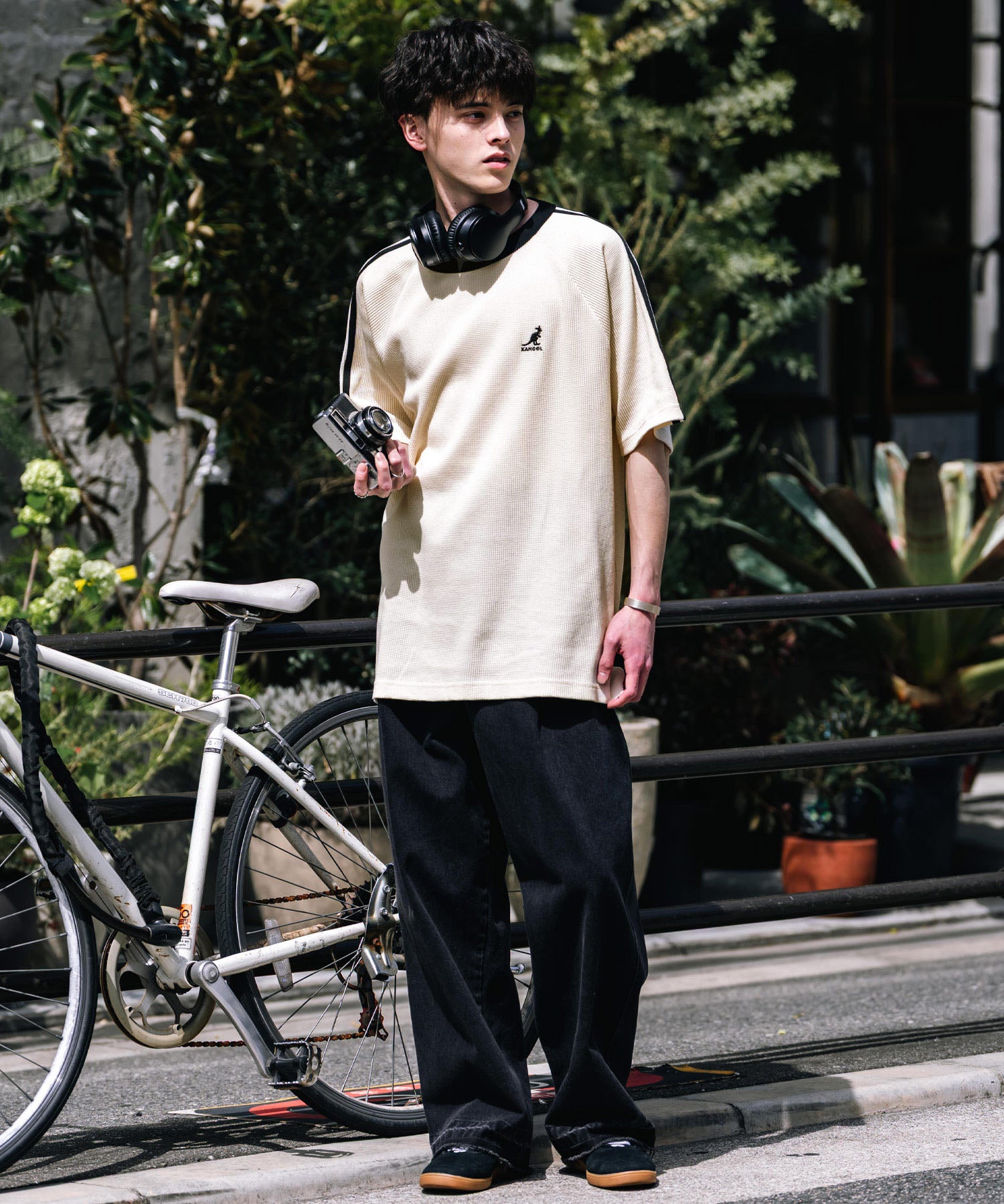 KANGOL カンゴール 別注コラボ オーバーサイズ袖ラインワッフルワンポイントロゴ刺繍ラグラン半袖Tシャツ