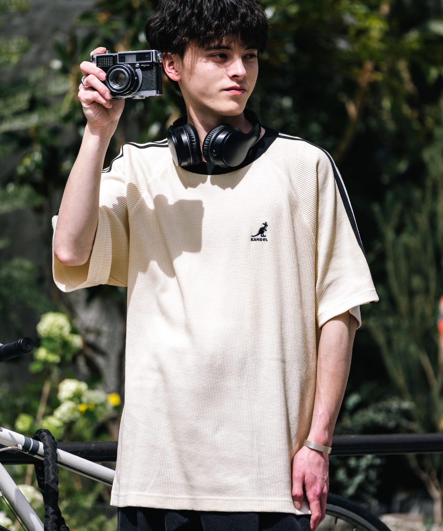 KANGOL カンゴール 別注コラボ オーバーサイズ袖ラインワッフルワンポイントロゴ刺繍ラグラン半袖Tシャツ
