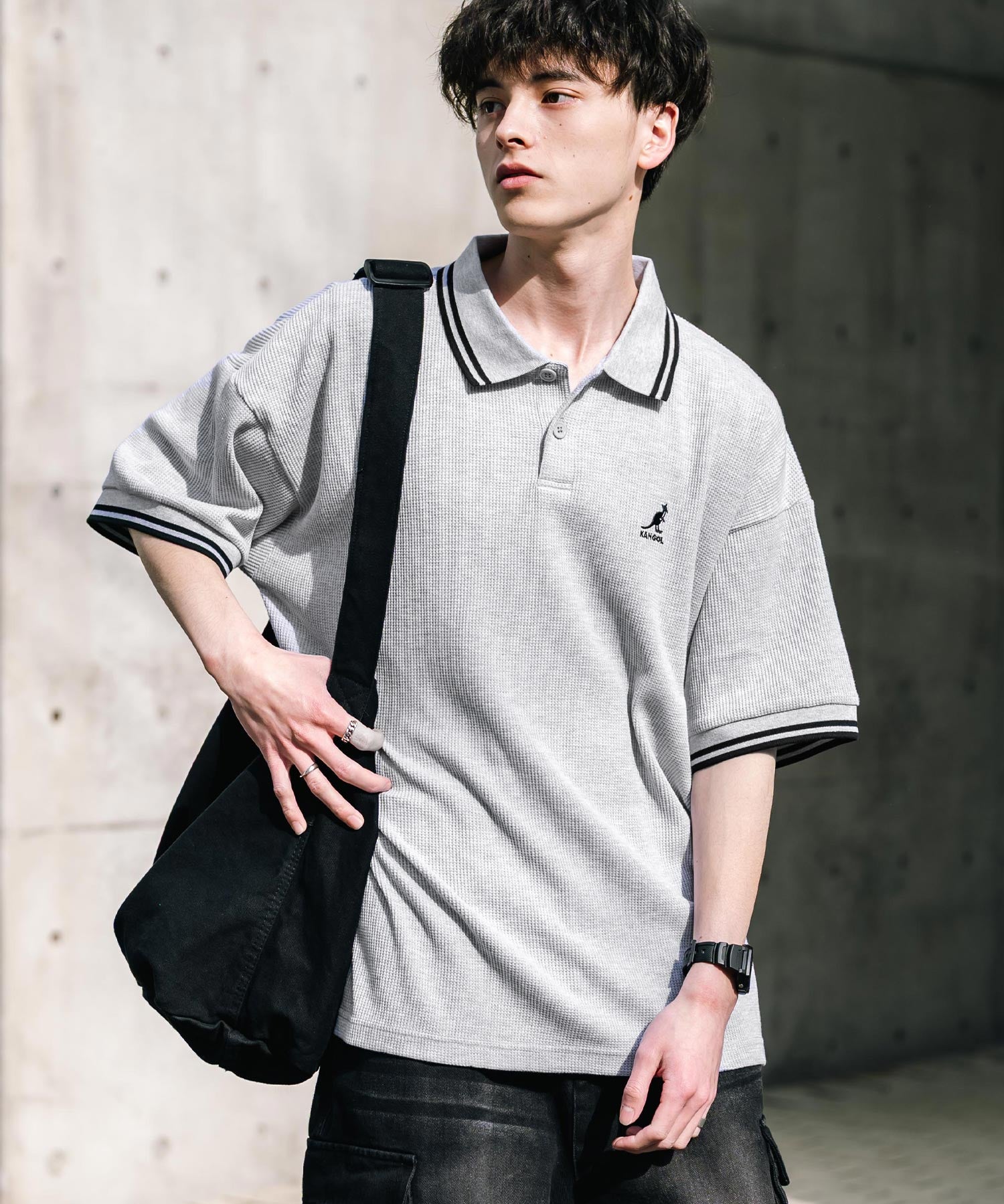 KANGOL カンゴール 別注コラボ オーバーサイズワッフルダブルラインワンポイントロゴ刺繍半袖ポロシャツ