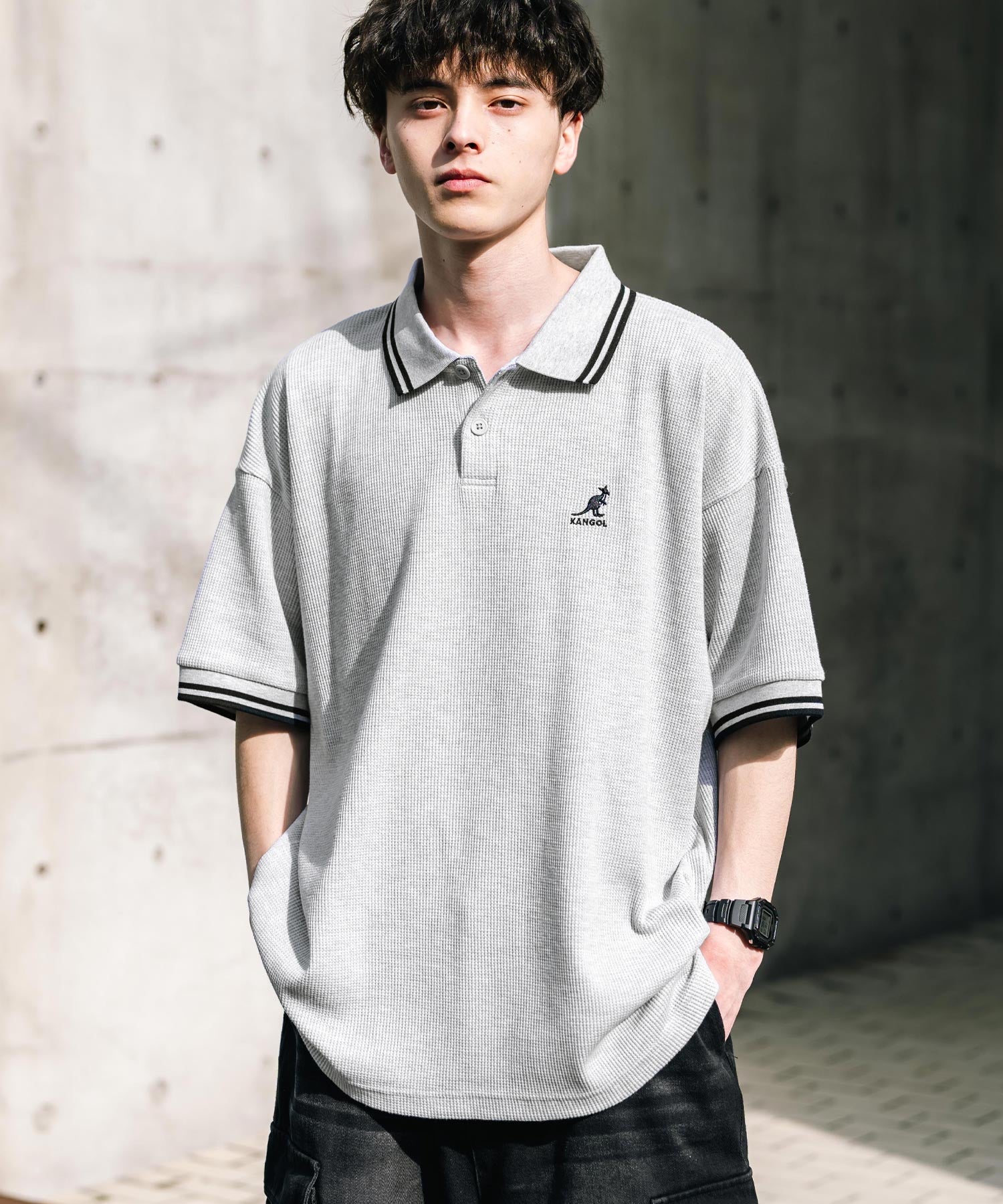 KANGOL カンゴール 別注コラボ オーバーサイズワッフルダブルラインワンポイントロゴ刺繍半袖ポロシャツ