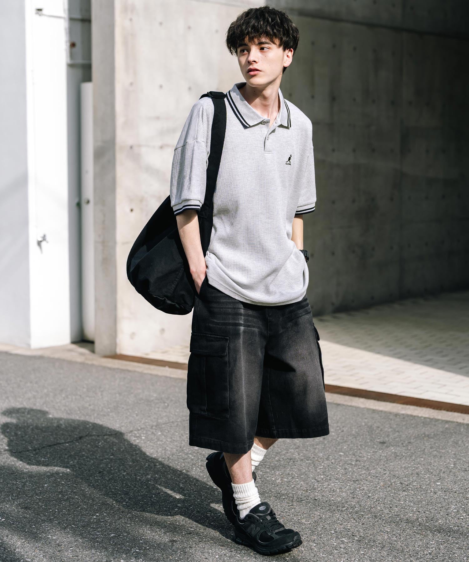 KANGOL カンゴール 別注コラボ オーバーサイズワッフルダブルラインワンポイントロゴ刺繍半袖ポロシャツ