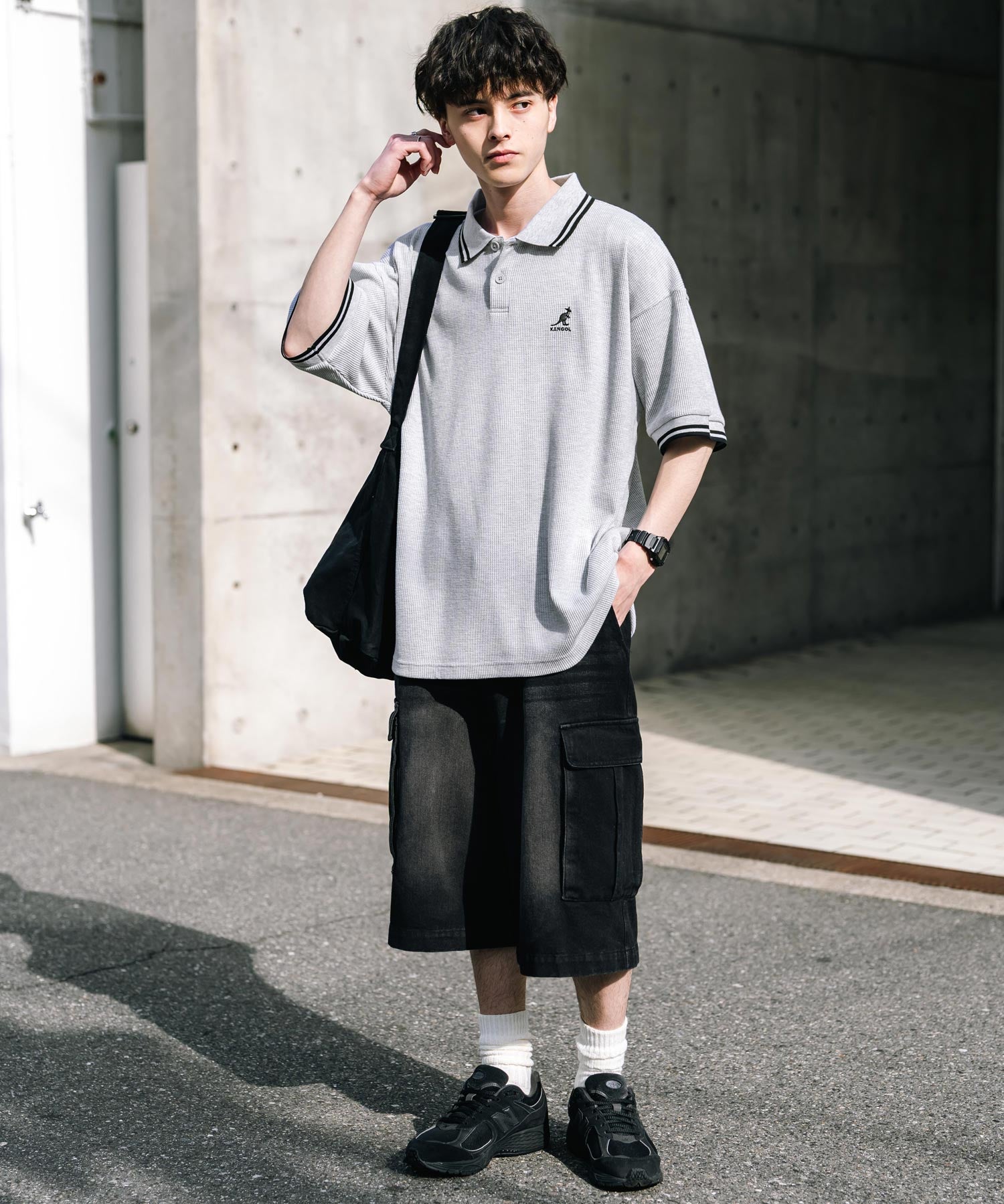 KANGOL カンゴール 別注コラボ オーバーサイズワッフルダブルラインワンポイントロゴ刺繍半袖ポロシャツ