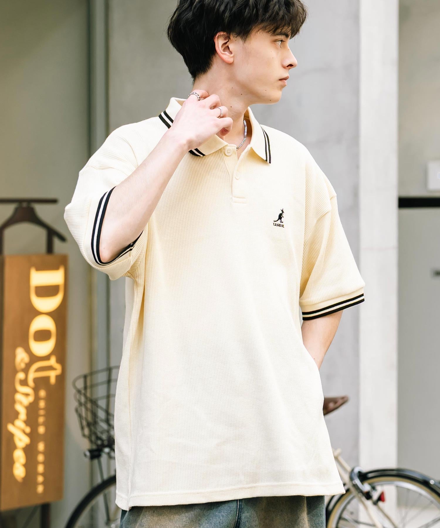 KANGOL カンゴール 別注コラボ オーバーサイズワッフルダブルラインワンポイントロゴ刺繍半袖ポロシャツ