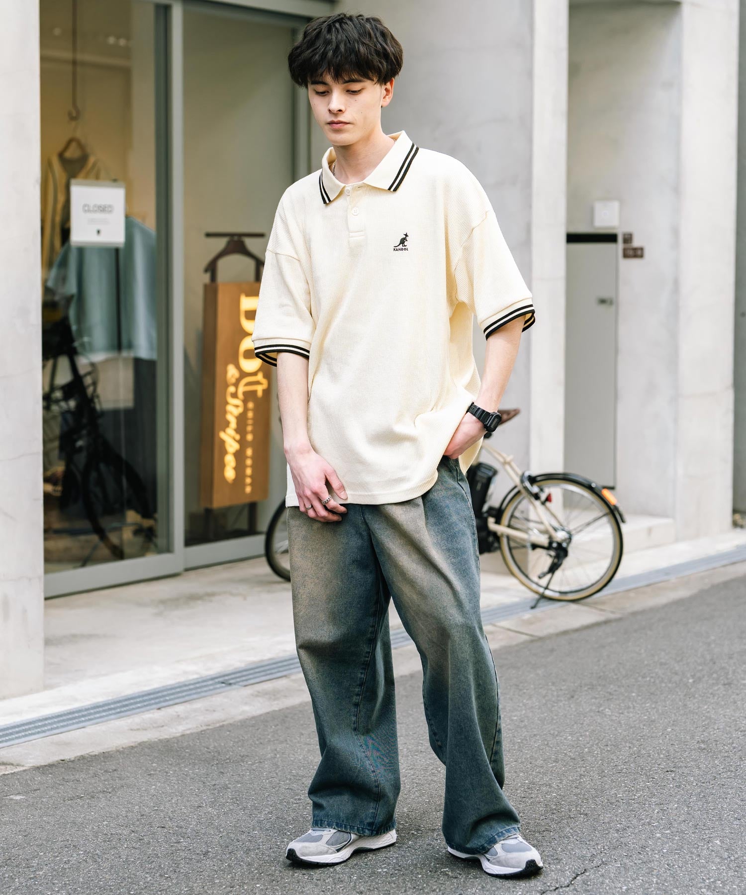 KANGOL カンゴール 別注コラボ オーバーサイズワッフルダブルラインワンポイントロゴ刺繍半袖ポロシャツ