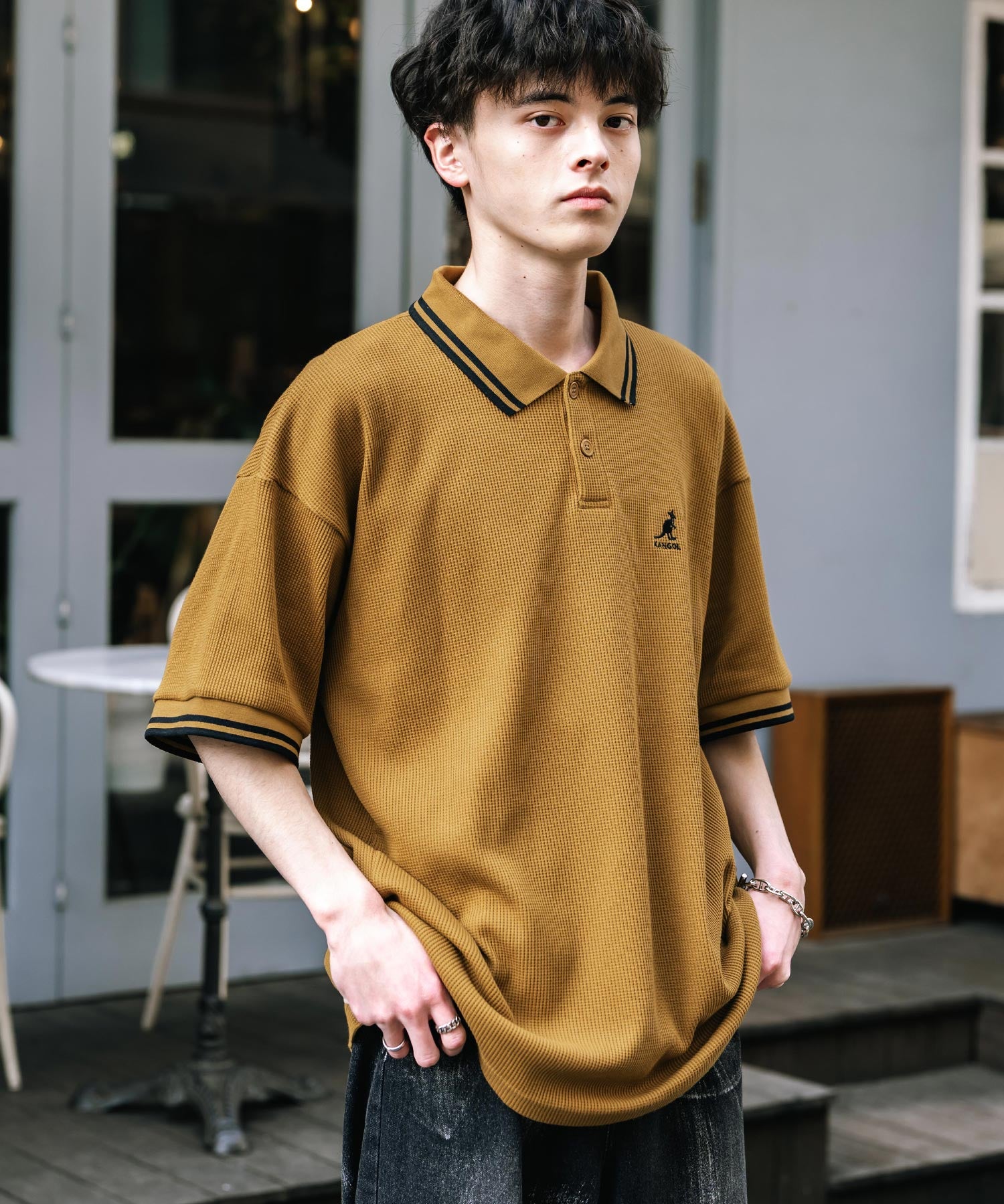 KANGOL カンゴール 別注コラボ オーバーサイズワッフルダブルラインワンポイントロゴ刺繍半袖ポロシャツ