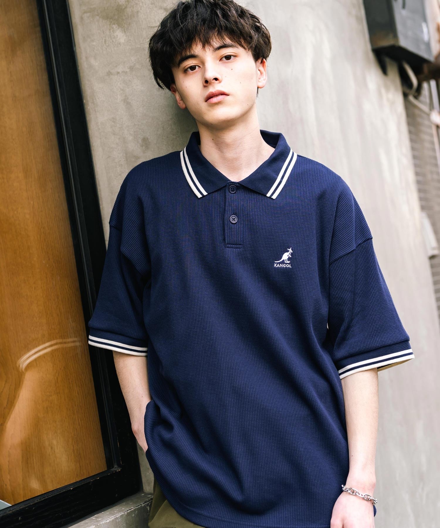 KANGOL カンゴール 別注コラボ オーバーサイズワッフルダブルラインワンポイントロゴ刺繍半袖ポロシャツ