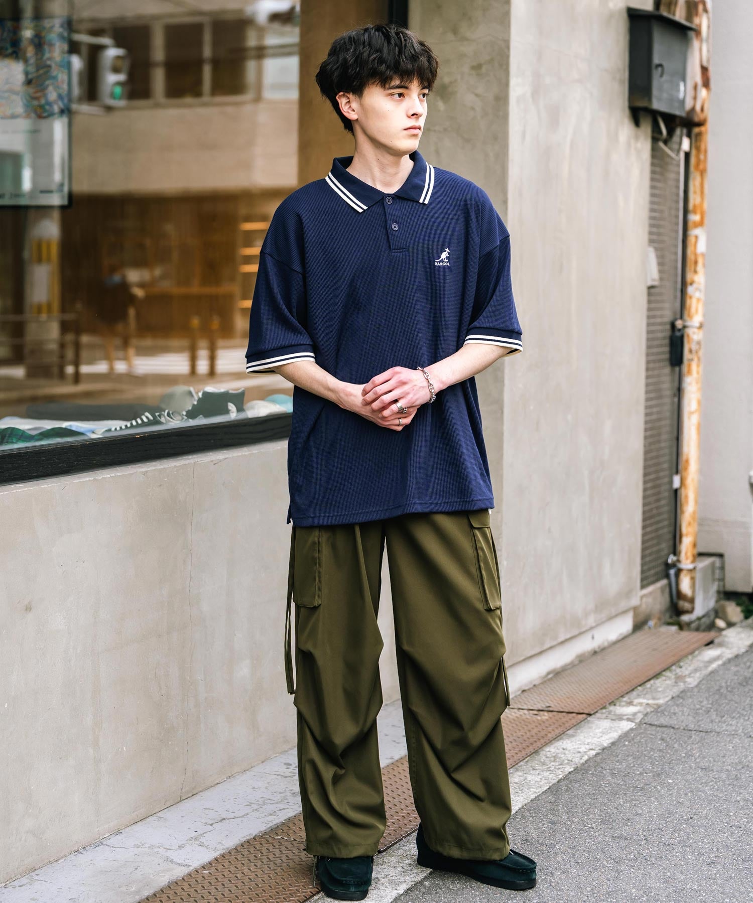 KANGOL カンゴール 別注コラボ オーバーサイズワッフルダブルラインワンポイントロゴ刺繍半袖ポロシャツ