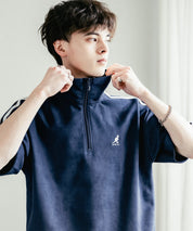 KANGOL カンゴール 別注コラボ オーバーサイズカットスエードワンポイントロゴ刺繍袖ライン半袖ハーフジップ