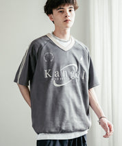 KANGOL カンゴール 別注コラボ オーバーサイズカットスエードワンポイントロゴ刺繍袖ライン半袖ゲームシャツ