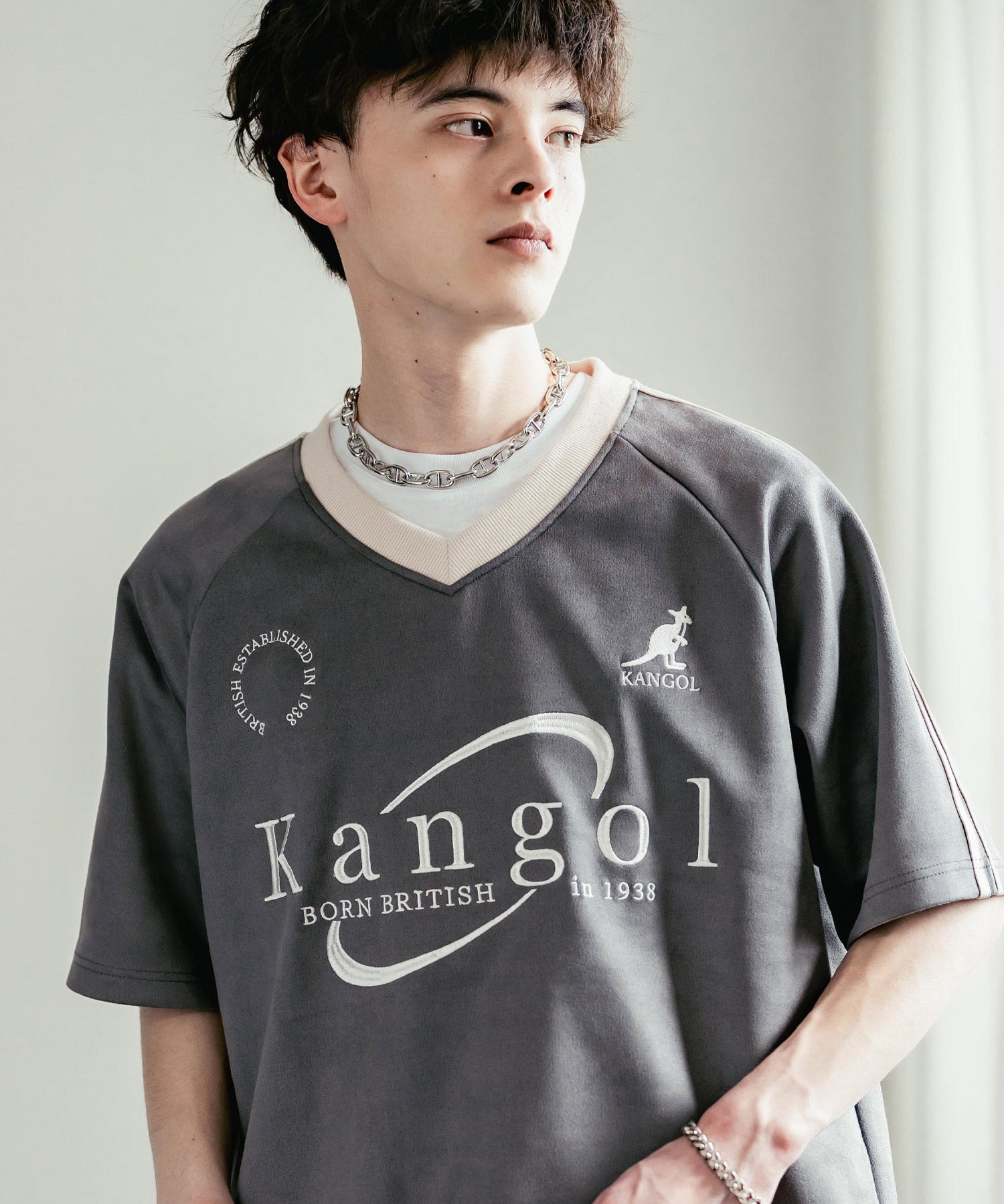 KANGOL カンゴール 別注コラボ オーバーサイズカットスエードワンポイントロゴ刺繍袖ライン半袖ゲームシャツ