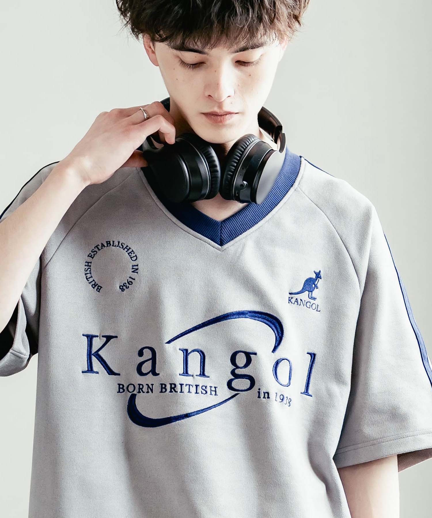 KANGOL カンゴール 別注コラボ オーバーサイズカットスエードワンポイントロゴ刺繍袖ライン半袖ゲームシャツ