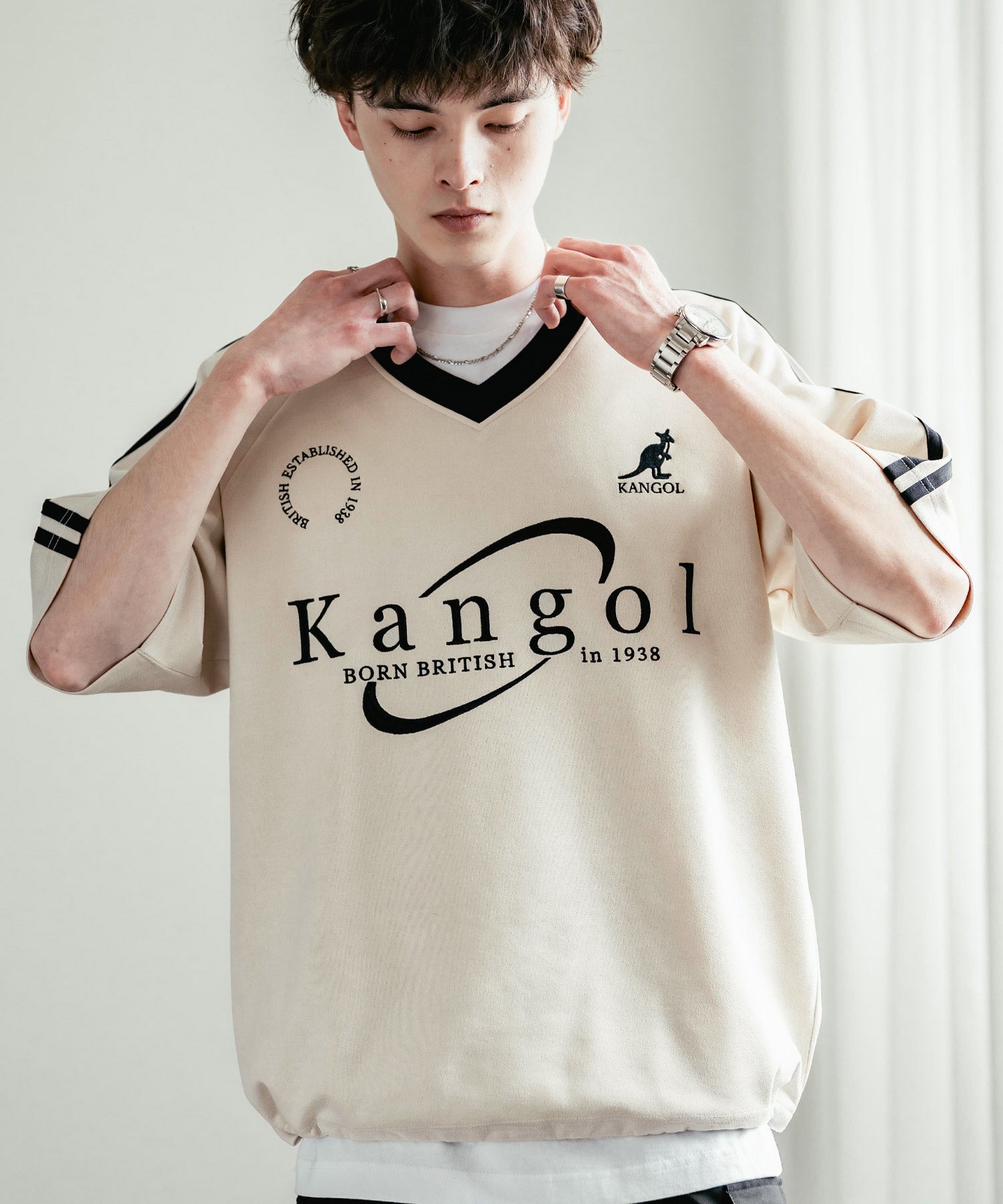 KANGOL カンゴール 別注コラボ オーバーサイズカットスエードワンポイントロゴ刺繍袖ライン半袖ゲームシャツ