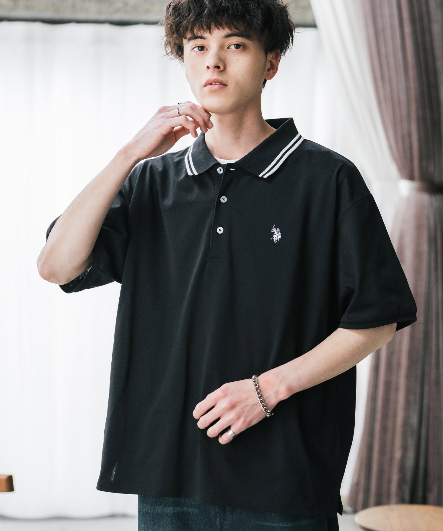 U.S. POLO ASSN. ユーエスポロアッスン 別注コラボ 無地/ラインリブ ワンポイントロゴ刺繍天竺半袖ポロシャツ