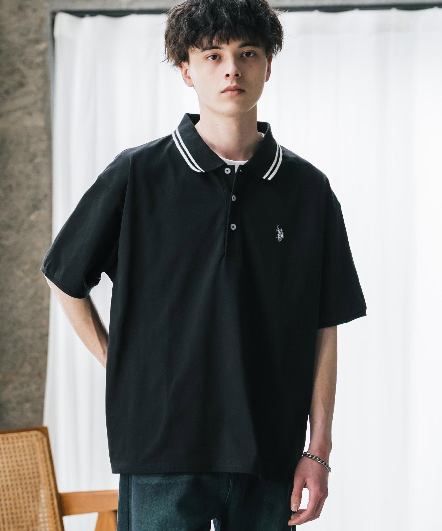U.S. POLO ASSN. ユーエスポロアッスン 別注コラボ 無地/ラインリブ ワンポイントロゴ刺繍天竺半袖ポロシャツ