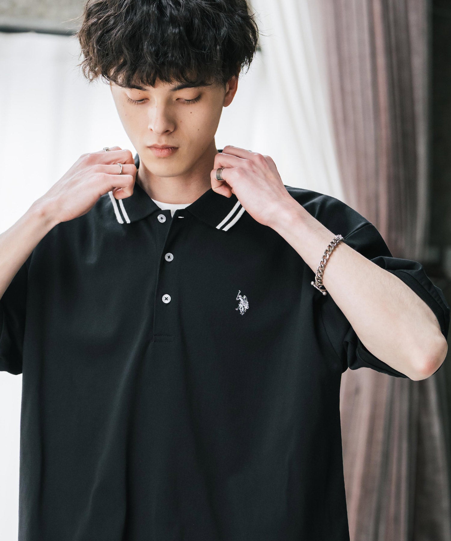 U.S. POLO ASSN. ユーエスポロアッスン 別注コラボ 無地/ラインリブ ワンポイントロゴ刺繍天竺半袖ポロシャツ