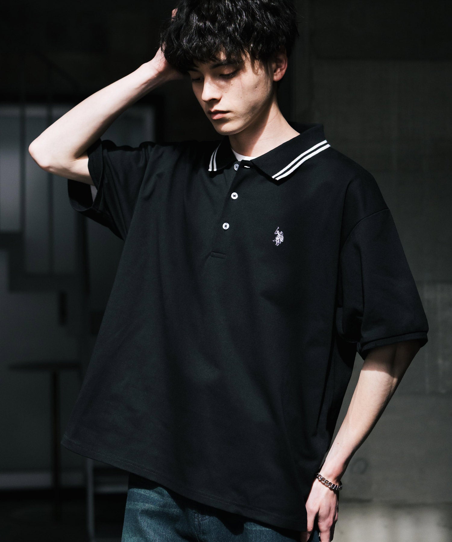 U.S. POLO ASSN. ユーエスポロアッスン 別注コラボ 無地/ラインリブ ワンポイントロゴ刺繍天竺半袖ポロシャツ