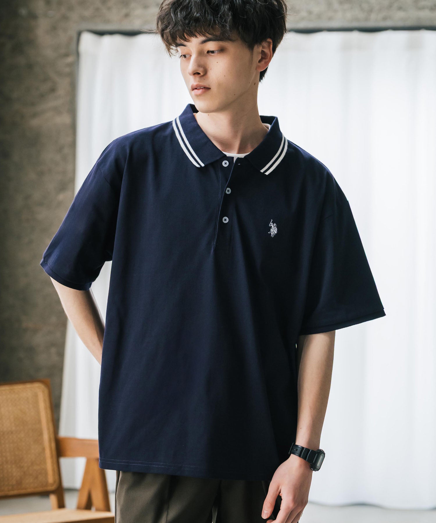 U.S. POLO ASSN. ユーエスポロアッスン 別注コラボ 無地/ラインリブ ワンポイントロゴ刺繍天竺半袖ポロシャツ
