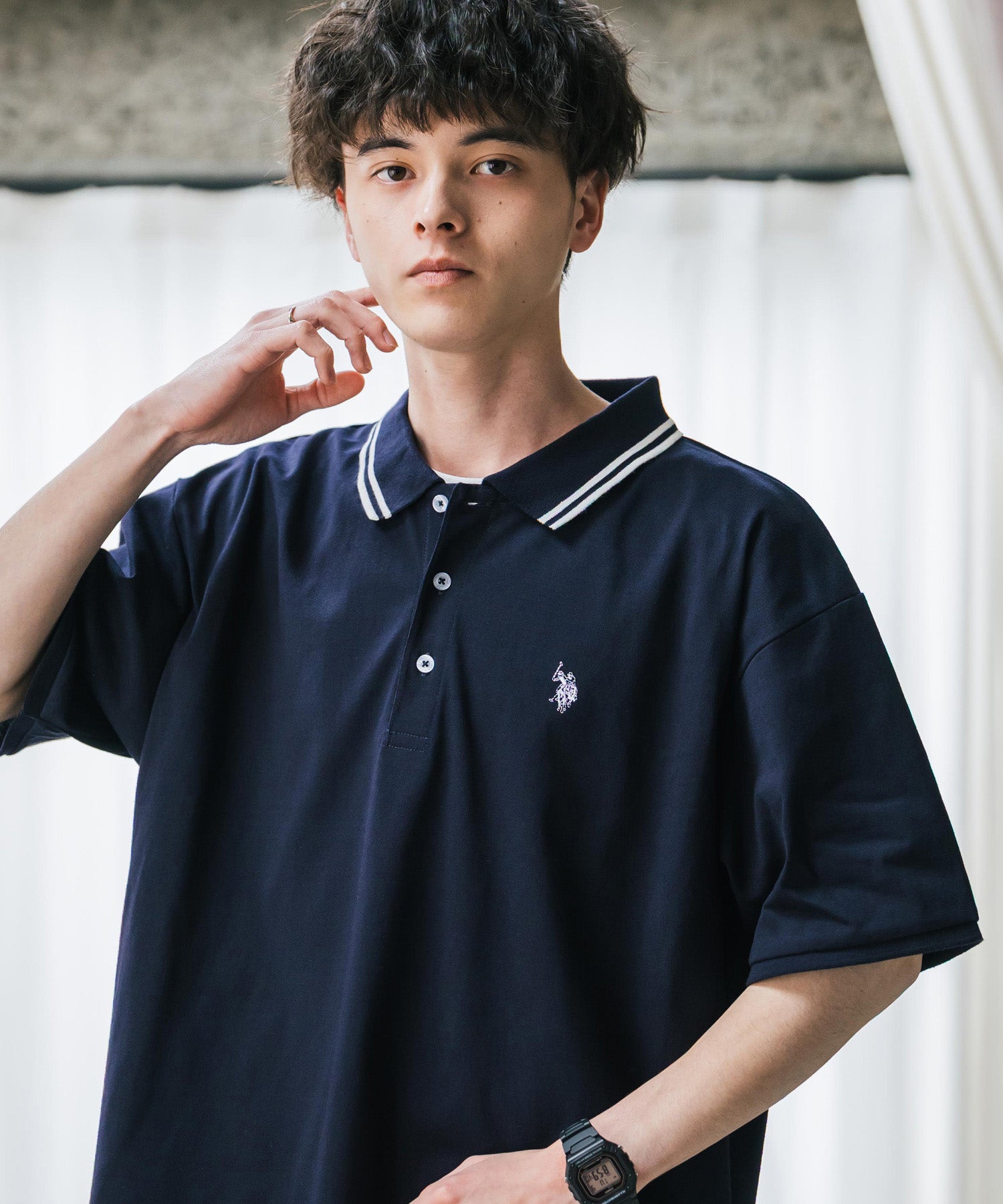 U.S. POLO ASSN. ユーエスポロアッスン 別注コラボ 無地/ラインリブ ワンポイントロゴ刺繍天竺半袖ポロシャツ