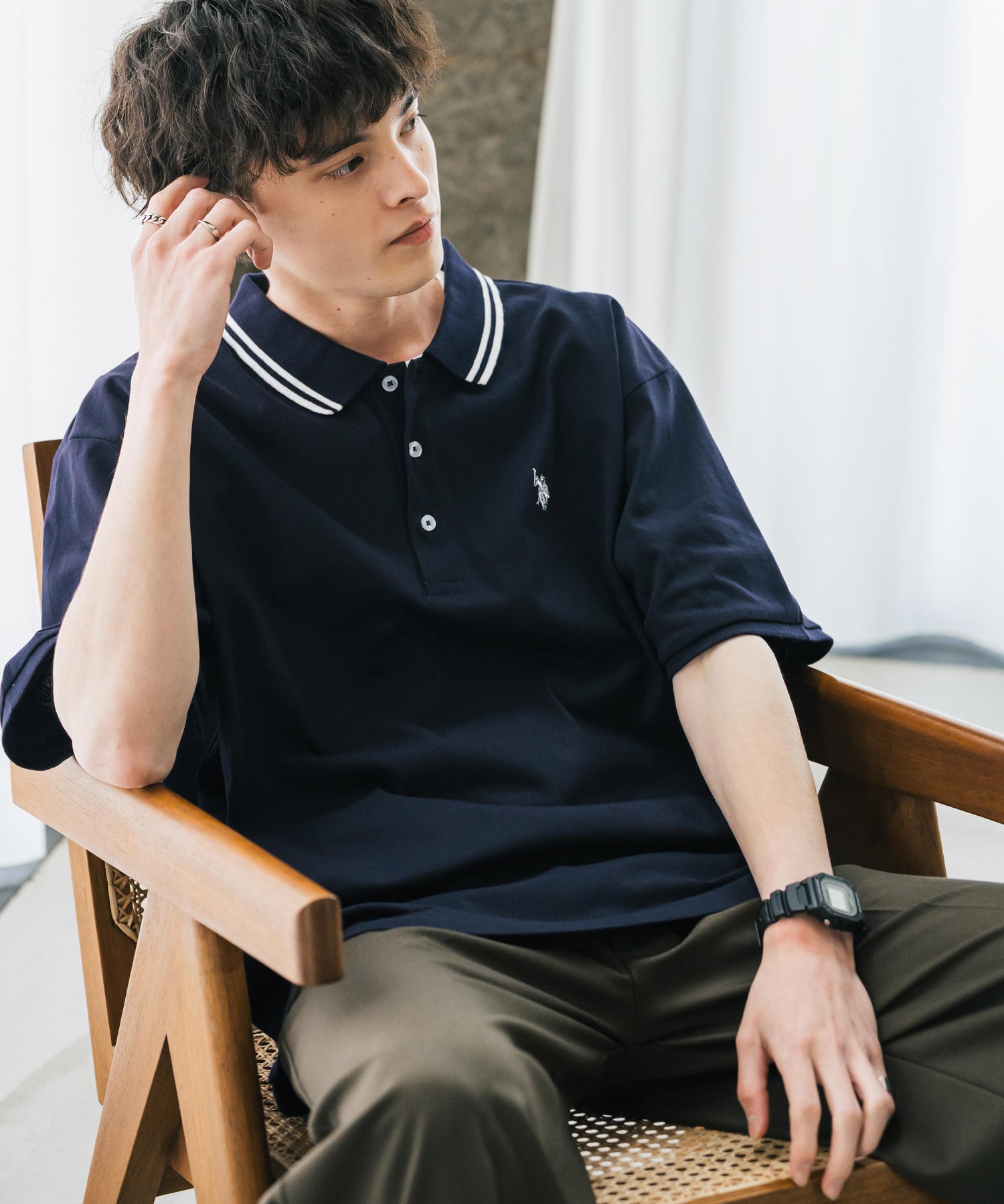 U.S. POLO ASSN. ユーエスポロアッスン 別注コラボ 無地/ラインリブ ワンポイントロゴ刺繍天竺半袖ポロシャツ