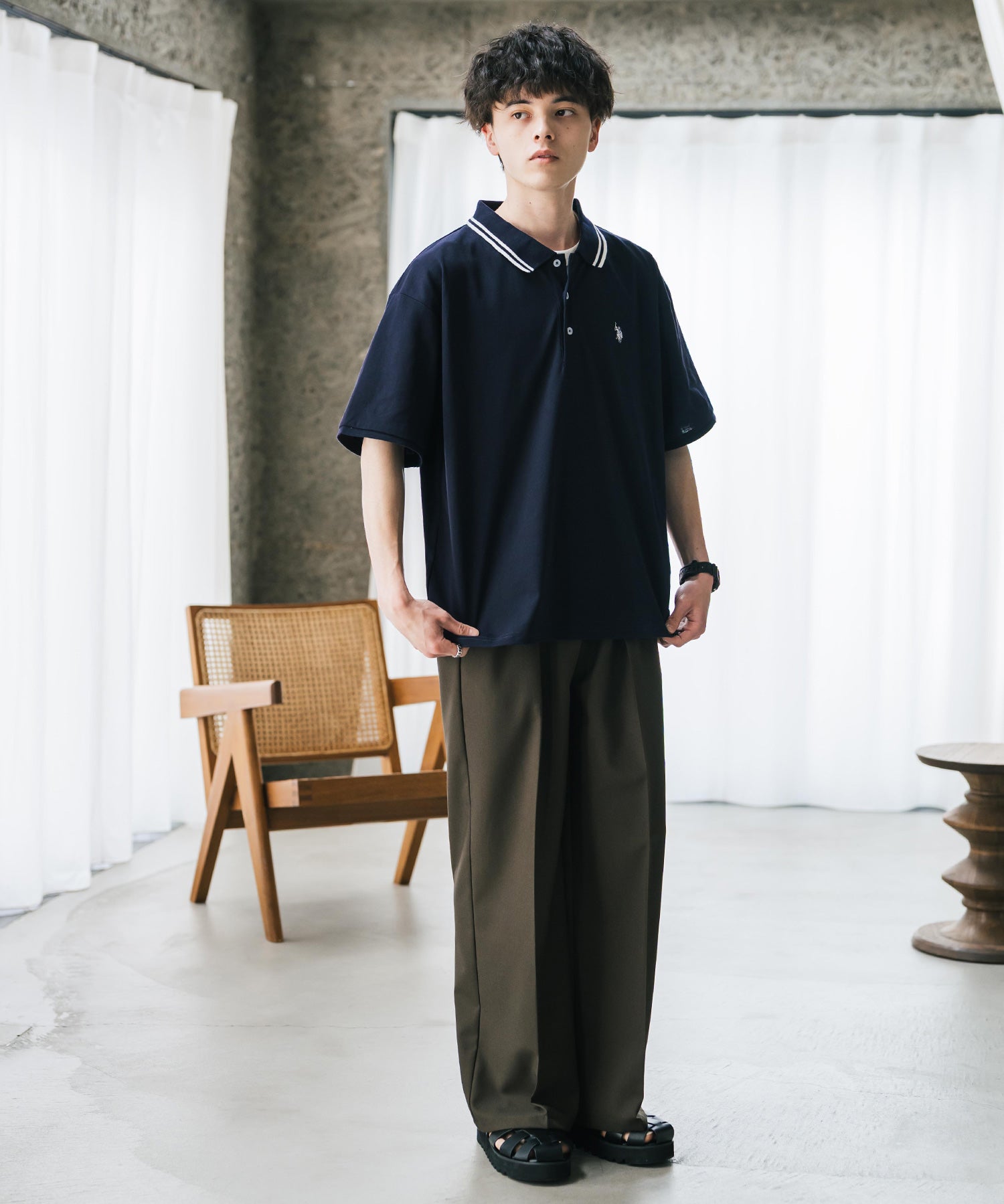U.S. POLO ASSN. ユーエスポロアッスン 別注コラボ 無地/ラインリブ ワンポイントロゴ刺繍天竺半袖ポロシャツ