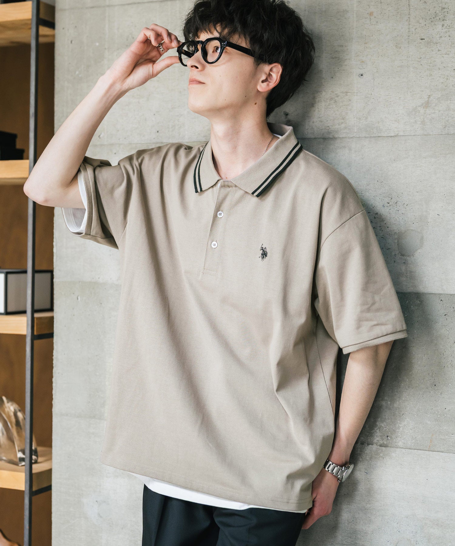 U.S. POLO ASSN. ユーエスポロアッスン 別注コラボ 無地/ラインリブ ワンポイントロゴ刺繍天竺半袖ポロシャツ