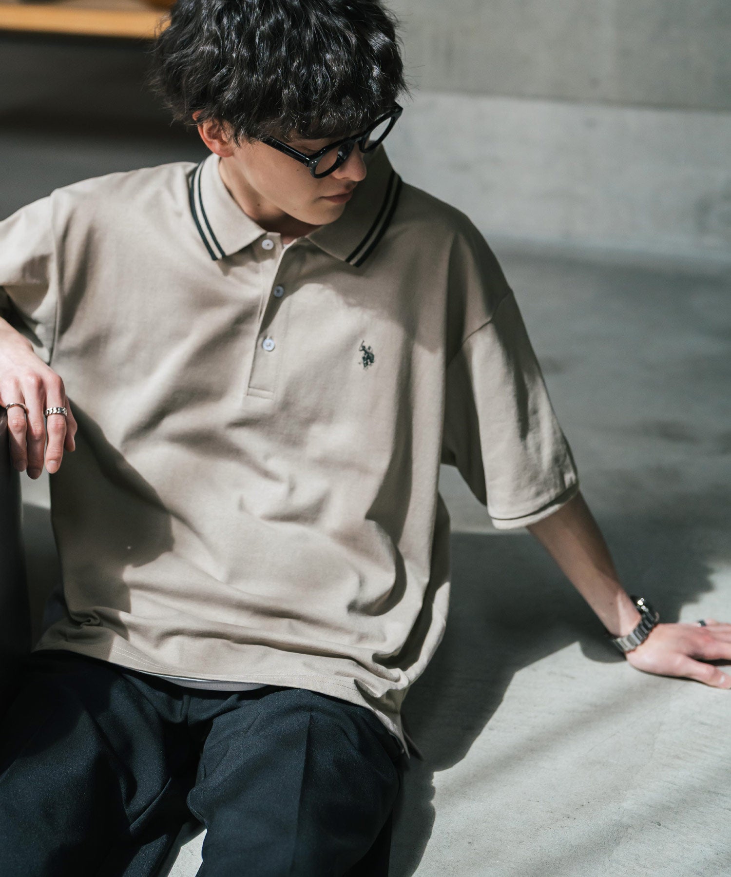 U.S. POLO ASSN. ユーエスポロアッスン 別注コラボ 無地/ラインリブ ワンポイントロゴ刺繍天竺半袖ポロシャツ