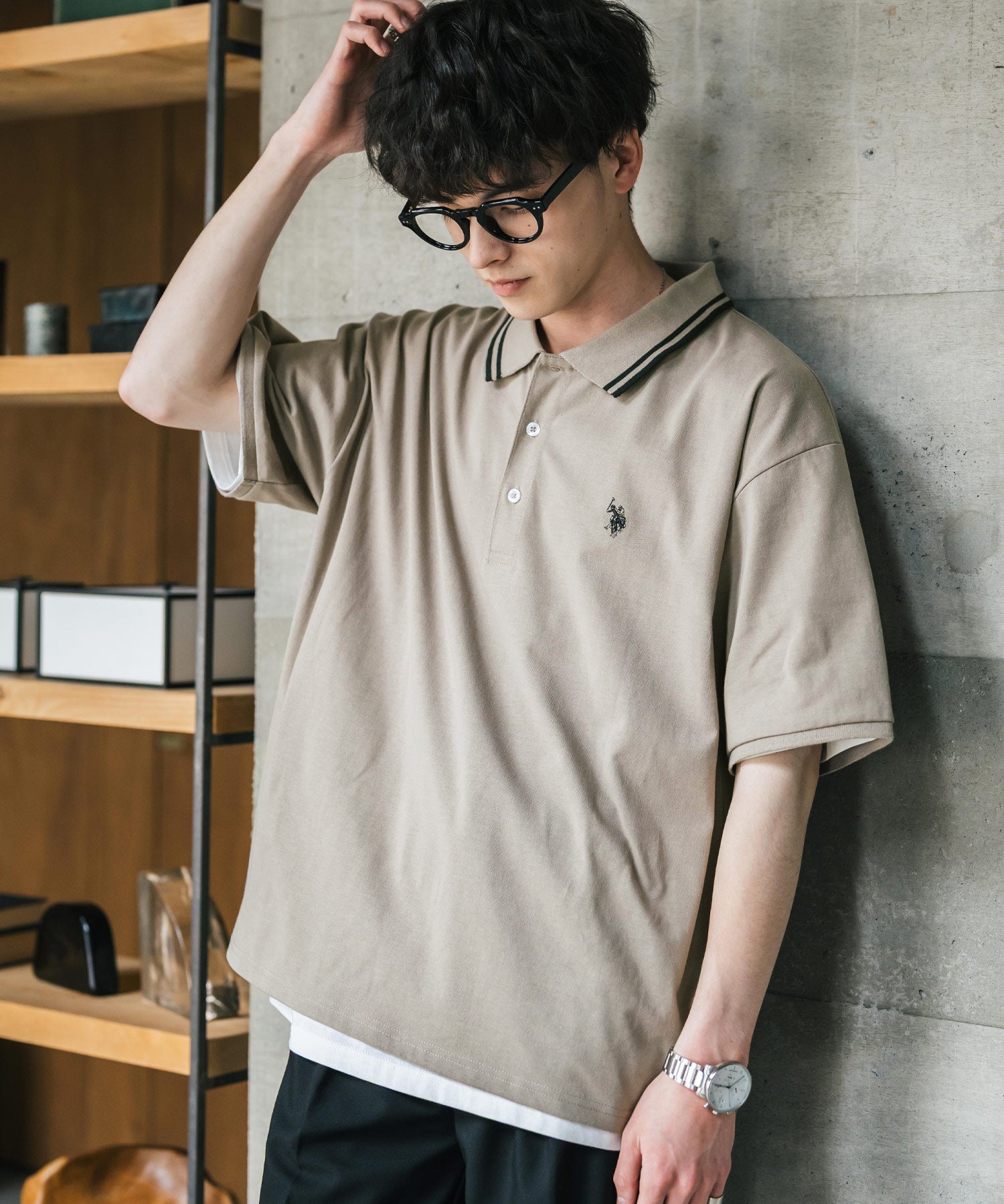 U.S. POLO ASSN. ユーエスポロアッスン 別注コラボ 無地/ラインリブ ワンポイントロゴ刺繍天竺半袖ポロシャツ
