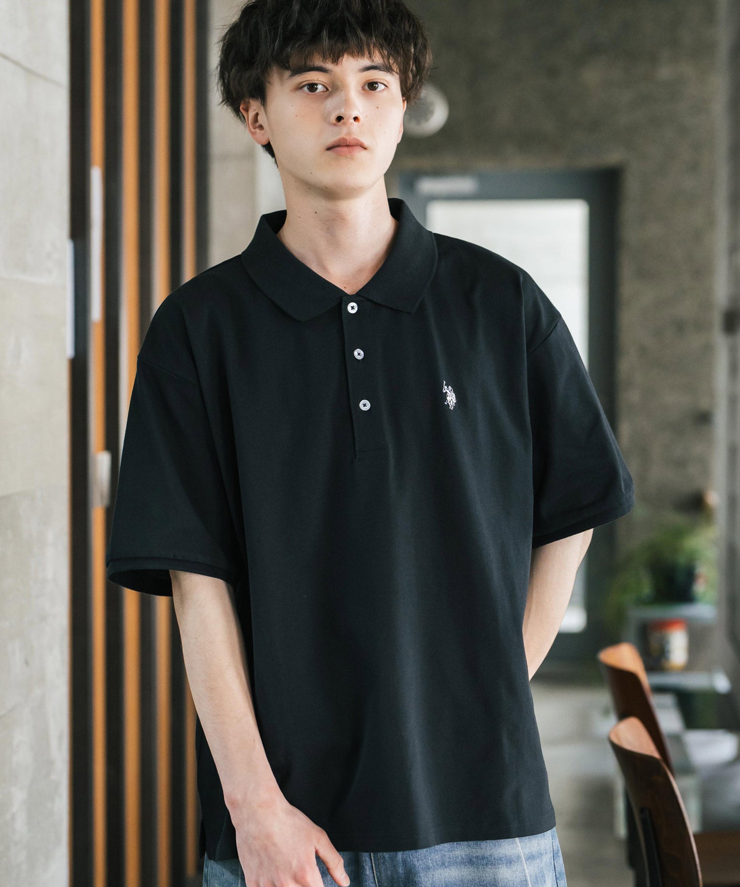 U.S. POLO ASSN. ユーエスポロアッスン 別注コラボ 無地/ラインリブ ワンポイントロゴ刺繍天竺半袖ポロシャツ