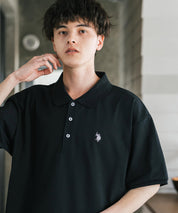 U.S. POLO ASSN. ユーエスポロアッスン 別注コラボ 無地/ラインリブ ワンポイントロゴ刺繍天竺半袖ポロシャツ