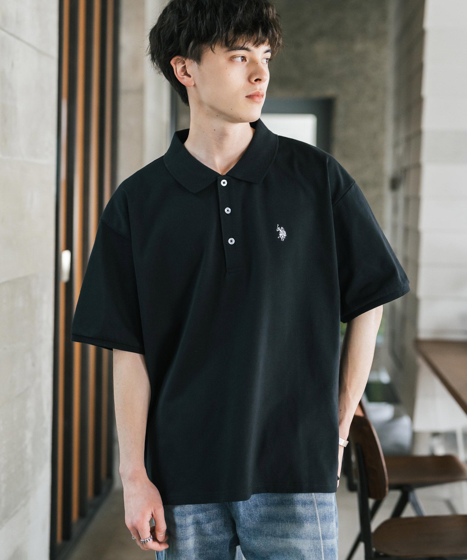 U.S. POLO ASSN. ユーエスポロアッスン 別注コラボ 無地/ラインリブ ワンポイントロゴ刺繍天竺半袖ポロシャツ