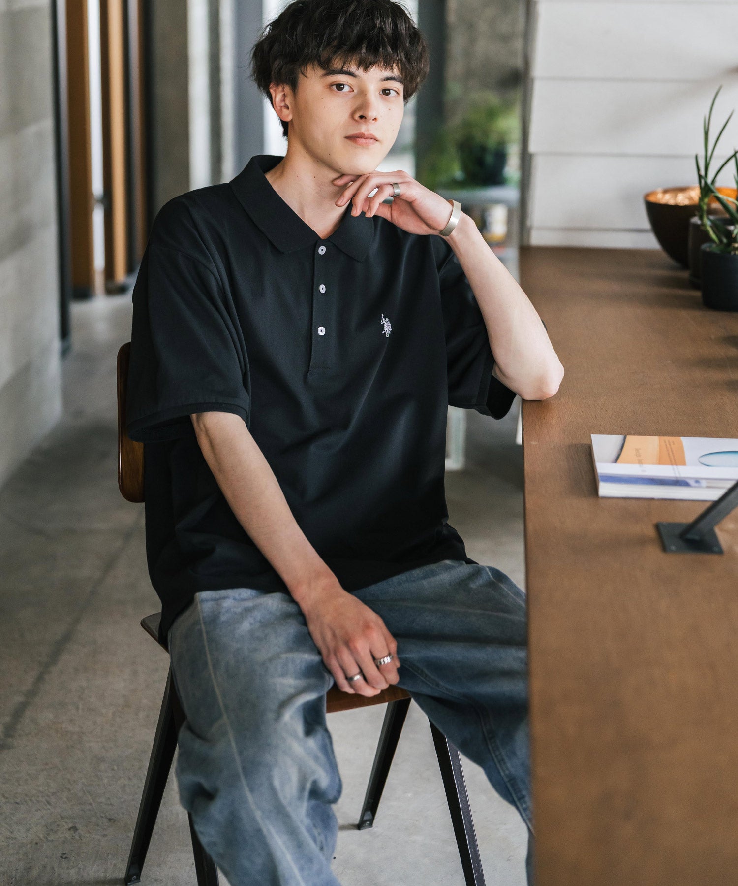 U.S. POLO ASSN. ユーエスポロアッスン 別注コラボ 無地/ラインリブ ワンポイントロゴ刺繍天竺半袖ポロシャツ