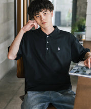 U.S. POLO ASSN. ユーエスポロアッスン 別注コラボ 無地/ラインリブ ワンポイントロゴ刺繍天竺半袖ポロシャツ