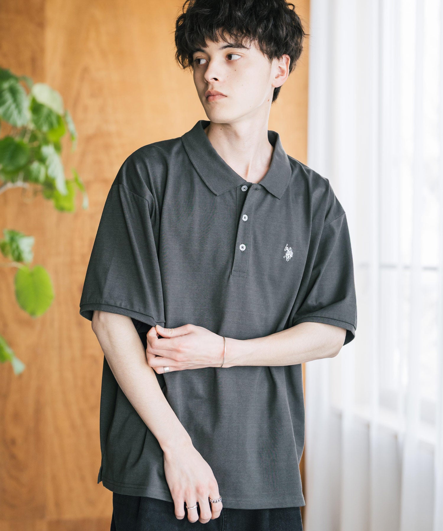 U.S. POLO ASSN. ユーエスポロアッスン 別注コラボ 無地/ラインリブ ワンポイントロゴ刺繍天竺半袖ポロシャツ